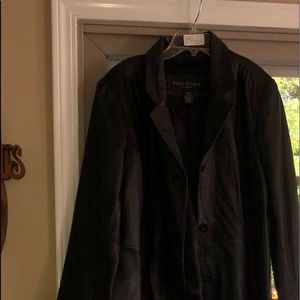 Long black leather coat. Size Medium.